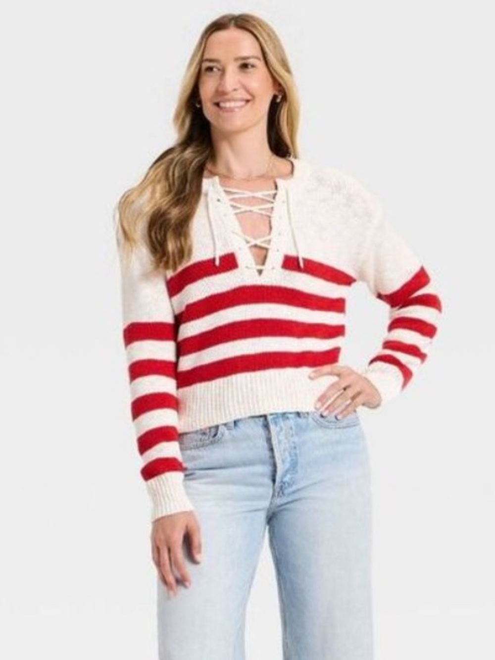 Red striped Lace Up Crewneck Pullover Sweater - Universal Thread - NWT
